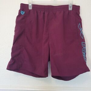Arena Mens Swim Trunks Maroon Burgundy Blue Logo Elastic Waist Pockets Size M